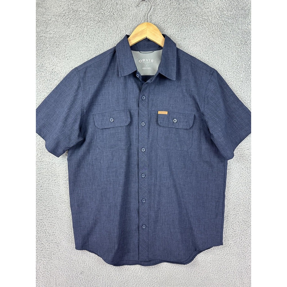 Orvis Shirt Mens M Navy Short Sleeve Button Up Two Pockets Quick Dry Fishing Men
